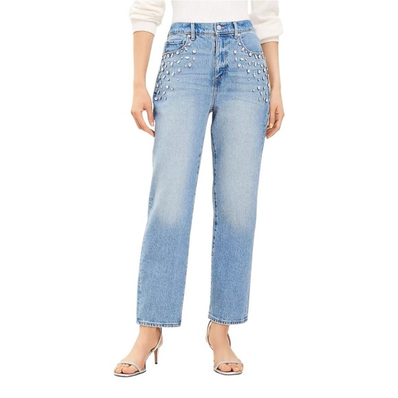 LOFT Rhinestone High Rise Straight Jeans in Vintage Distressed Wash - Picture 1 of 10